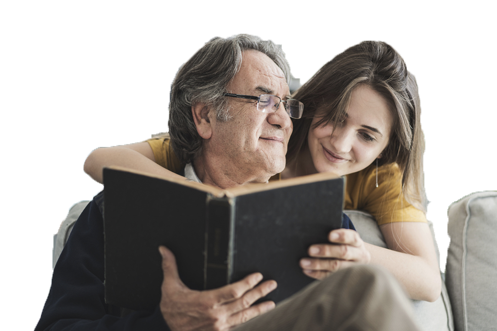 Senior man reading with daughter